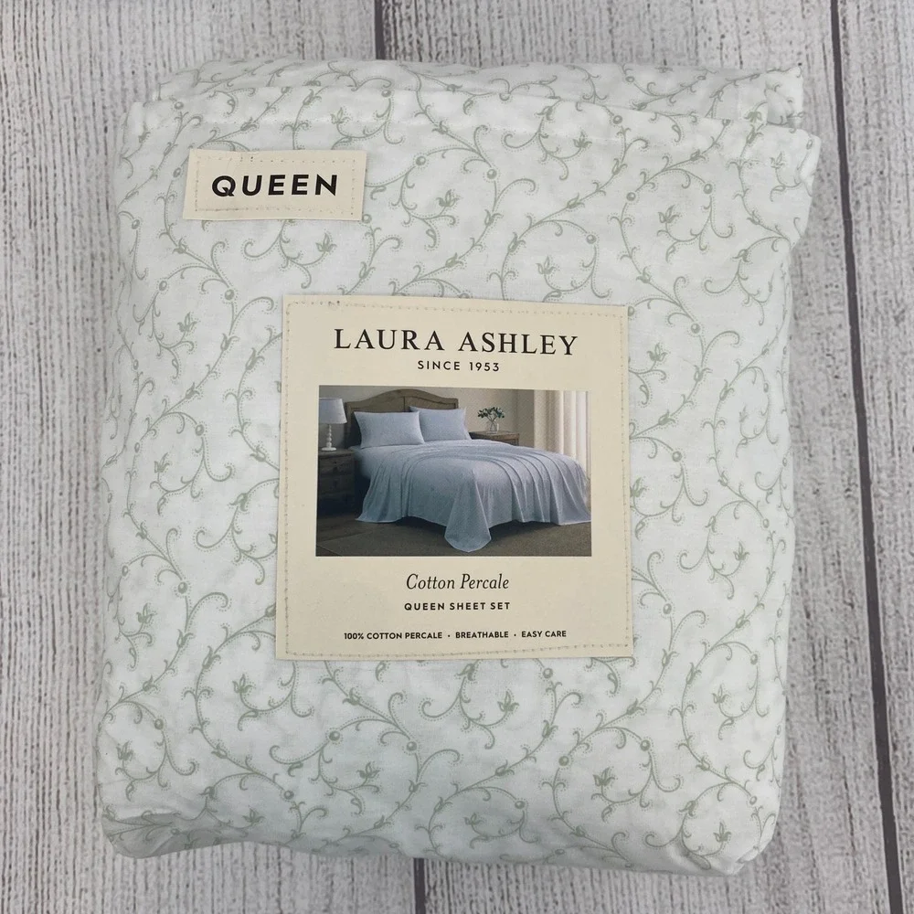 Laura Ashley Sheet Set Queen Bettina Sage Green Floral Cotton Percale Garden